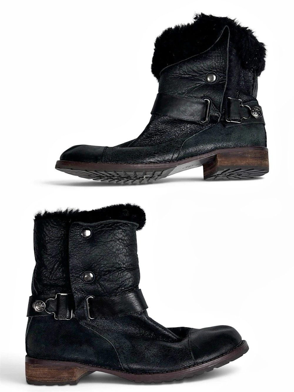 Matt Bernson Tundra Shearling Lined Crackle Leather black Buckle Moto Boots 11